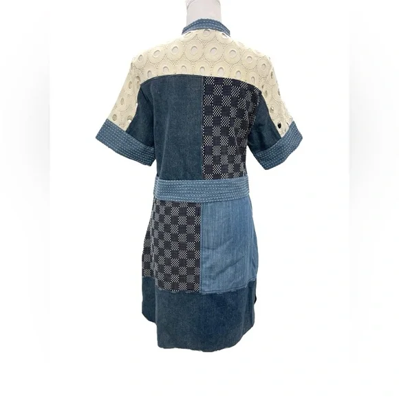 Sea New York Patchwork Cotton Denim And Lace Oversized Mock Neck Mini Dress sz 4 - Picture 7 of 11